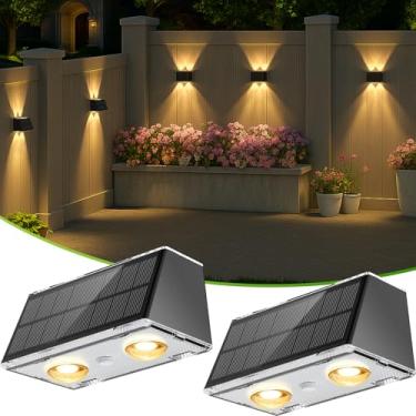 Imagem de LANSOW Pacote com 2 luzes solares para cerca, luzes movidas a energia solar ao ar livre, 9 modos quente/frio branco e RGB Up-Down LED Spot Wall Lights Decoração do crepúsculo ao amanhecer para quintal