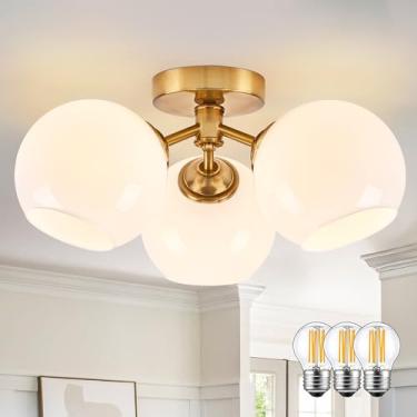 Imagem de KoKo&Yukina Globo de luz de teto de 3 luzes de meados do século, moderno, dourado, semiembutido, globo Sputnik, luminária, globo de vidro de leite, luzes de teto para quarto, sala de estar, corredor