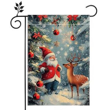 Imagem de Bandeira de jardim de gnomo de inverno para exterior de rena de Natal floco de neve bandeira de quintal de boas-vindas 30 x 46 cm serapilheira dupla face para férias casa de fazenda bandeira ao ar
