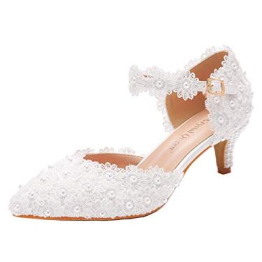 Imagem de Crystal Queen Mary Jane Salto feminino bico fino Lolita sandálias de salto 5 cm tira no tornozelo salto gatinho vestido trabalho nupcial festa casamento sapatos, Branco, 5 cm, 35