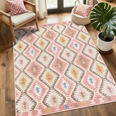 Imagem de YesRug Tapete 3x5 para sala de estar, lavável, rosa, treliça geométrica, boêmia, marroquina, com tons vibrantes, tapete antiderrapante para cozinha grande, quarto, cabeceira, entrada, tapete pequeno