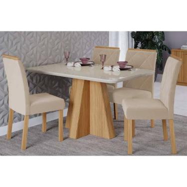 Imagem de Conjunto: Mesa de Cozinha Maitê Tampo Madeirado c/ Vidro 130x80cm e 4 Cadeiras Fernanda Nature/Off White - Carvalho/Suede Nude Bege - Cimol