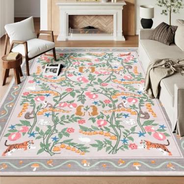 Imagem de Tapete para sala de estar, 20 x 25 cm, lavável para berçário infantil, antiderrapante, floral, animal, grande, para sala de jogos, ultrafino, boho, bege, para sala de jantar, sala de aula, escritório