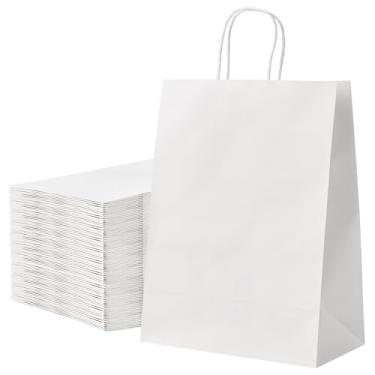 Imagem de 100 sacos de compras Kraft 25 x 33 cm em sacos de papel branco com alças a granel, saco de presente de papel reciclado para lembrancinhas de festa de aniversário, mercearia, varejo, compras, negócios