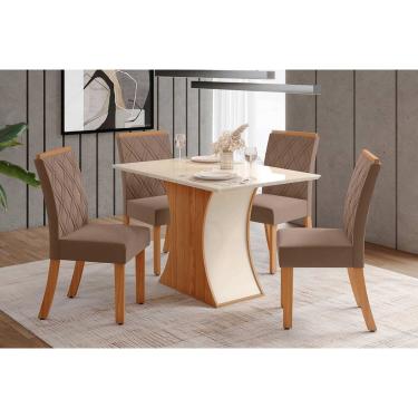 Imagem de Conjunto: Mesa de Cozinha Luiza c/ Tampo Reto Madeirado c/ Vidro 120x90cm e 4 Cadeiras Vita Nature/Suede Light Bege - Henn