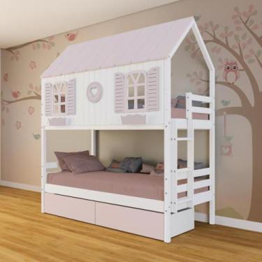 Imagem de Beliche Casinha Bela com Coração 2 Gavetas Rosa - Madeira Maciça Branc