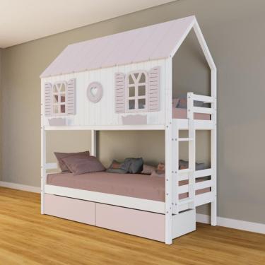 Imagem de Beliche Casinha Bela com Coração 2 Gavetas Rosa - Madeira Maciça Branco/Rosa | Housin