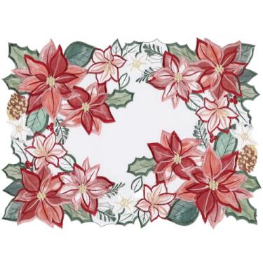 Imagem de Jogo americano de Natal, conjunto de 4 poinsétias, retangulares, aquarela, flores vermelhas e brancas, bordadas, decoração de mesa de centro para decoração de mesa de centro de inverno e Natal