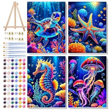 Imagem de Ycydilirab Pacote com 4 tintas emolduradas por números - pintura de tartaruga marinha por número adulto, tela emoldurada de animais marinhos por números com cavalete de madeira para decoração de