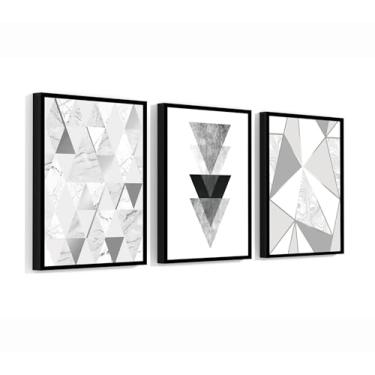 Imagem de 3 Quadros Abstratos Geométricos Triângulos 60x40 com Moldura Preta