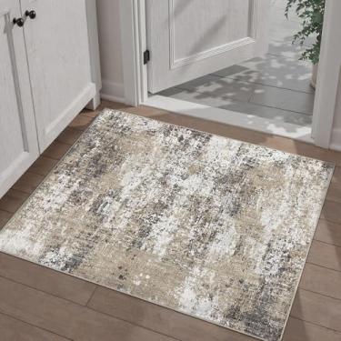 Imagem de PureCozy Tapete abstrato 2x3 marrom lavável moderno tapete de entrada antiderrapante ultra macio neutro tapete de porta pequeno contemporâneo para banheiro, lavanderia, cozinha, sala de jantar