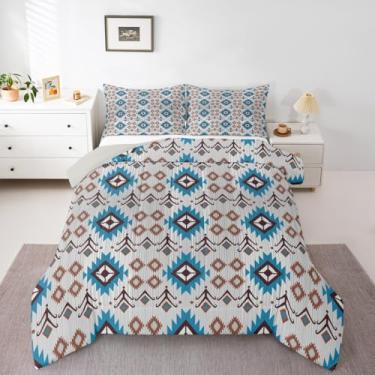 Imagem de jejeloiu Conjunto de edredom boêmio, tamanho casal, asteca, para crianças, meninos, meninas, boêmio, decoração de quarto geométrico, microfibra, 3 peças com 2 fronhas