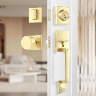 Imagem de Leydebong Maçaneta de porta de entrada dourada e fechadura e chave de fechadura de cilindro único, conjunto de fechadura de porta frontal de latão diferente com chave - Conjunto de alavanca de