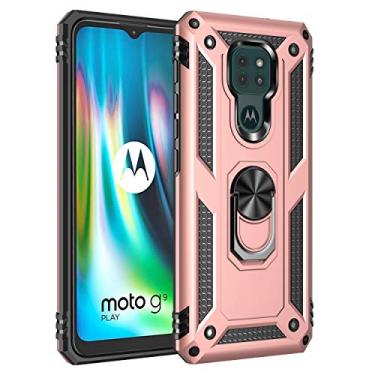 Imagem de SORAKA Capa para Motorola Moto E7 Plus com suporte de anel capa armadura Motorola Moto G9 Play capa traseira de policarbonato rígido com placa de metal para suporte magnético de telefone carro ouro