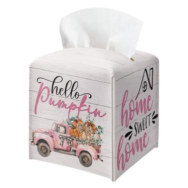 Imagem de Suporte de caixa de lenços de abóbora de outono, caminhão de abóbora rosa, capa quadrada de caixa de lenços de papel, organizador de papel facial, suporte de papel higiênico para banheiro, cozinha