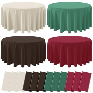 Imagem de 12 peças de toalha de mesa de festa bege, marrom, verde e vinho a granel, toalha de mesa de plástico descartável, redonda, marrom verde escuro, capa de mesa para piquenique, aniversário, festa de