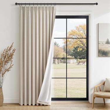 Imagem de Cortinas blackout 100% para quarto de 213 cm de comprimento, cortinas texturizadas bege plissadas de linho preto avançado conjunto de 1 painel, cortinas de fazenda com isolamento térmico para sistema