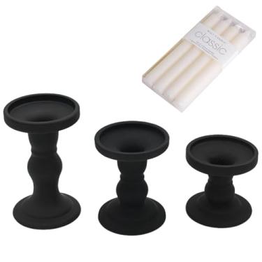 Imagem de Castiçais de vidro preto, conjunto de 3 castiçais transparentes vintage para vela cônica de pilar, luz de chá, decoração de casa, centros de mesa, Halloween, conjuntos de castiçais com 4 peças de