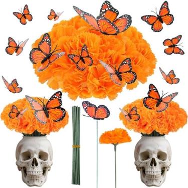 Imagem de VAIPI 120 peças de decorações Dia de Los Muertos, decorações do Dia dos Mortos, 60 peças de flores artificiais de calêndula com 60 peças de borboleta monarca para decoração de festa de Halloween