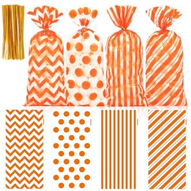 Imagem de ZYLOP 200 unidades de sacos de guloseimas de celofane de outono, sacos de plástico laranja listrados ondulados para doces de ação de graças para biscoitos de outono com laços torcidos para festa de