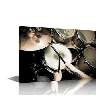 Imagem de TUMOVO Estante de arte de parede em tela musical conjunto de bateria em fundo preto pintura imagem instrumento musical arte vintage impressão de foto decoração de parede para sala de estar quarto