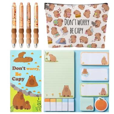 Imagem de Material escolar para meninas, lindo conjunto de artigos de papelaria capivara com estojo, conjunto de canetas e notas adesivas, presentes de capivara, lembrancinha de festa para meninas, artigos de