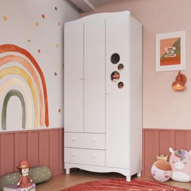 Imagem de Guarda-roupa Infantil 3 Portas E 2 Gavetas Com Nichos E Cabideiro Para Quarto De Bebê Branco