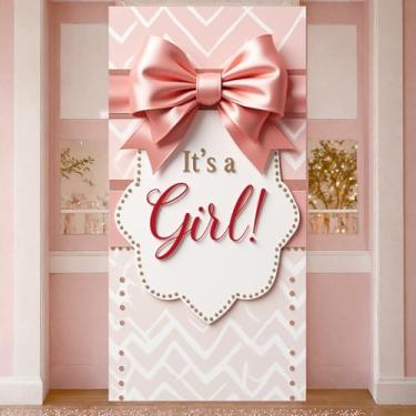 Imagem de Faixa de porta de lembrancinhas de festa revelação de gênero para meninas, capa de porta de bebê de boas-vindas para lembrancinhas de chá de bebê, adereços de foto floral revelação de gênero (laço