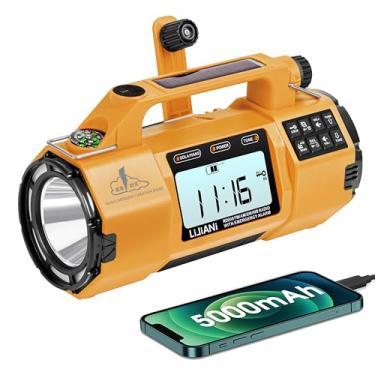 Imagem de Rádio de emergência FM/AM/SW/NOAA, lanterna grande, alto-falante grande, despertador com temporizador de sono, bateria substituível de 5000 mAh solar/manivela, com carregador de celular Hurricane