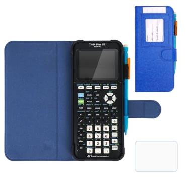 Imagem de YouKnow Capa protetora de couro PU para Texas Instruments TI-84 Plus CE Calculadora gráfica colorida com compartimento para cartão de identificação (apenas capa) (azul)
