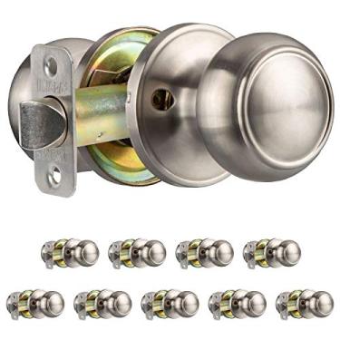 Imagem de Ilyapa Maçaneta de porta de passagem para corredor/armário - Colonial, puxador redondo sem chave interior de níquel acetinado sem chave, puxador redondo de níquel acetinado, pacote com 10