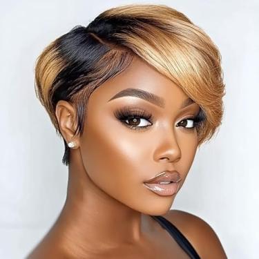 Imagem de ORAVISTA Parte lateral de cabelo humano preto Pixie perucas HD Lace Front com franja varrida Curto cacheado cor natural touca sem cola para mulheres (Loiro Ombre, 15 cm)