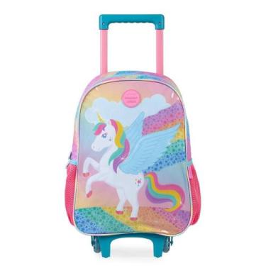 Imagem de Mochila Escolar Feminina de Rodinhas Unicórnio Rainbow Rosa - Bagaggio