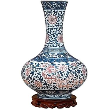 Imagem de LIFOND Vaso de flores vaso de cerâmica estilo chinês rosa pintado à mão vasos de porcelana azul e branco 33,4 cm grande decoração vaso de flores com base vaso de flores decoração de mesa