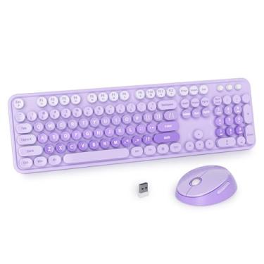 Imagem de iRoboosta Teclado e mouse roxo sem fio, teclado de máquina de escrever fofo de 2,4 GHz com teclas redondas, teclado colorido de tamanho completo com teclado numérico, teclados estéticos para casa e