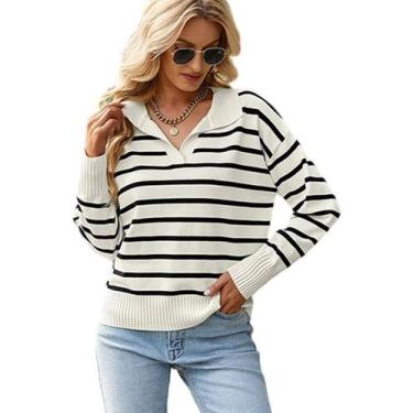 Imagem de Suéter feminino BQDCQB, polo listrado, decote em V, malha solta, preto