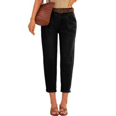 Imagem de Calças cargo EVALESS, jeans largos, de cintura alta, pretas para mulhe