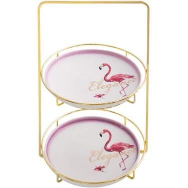 Imagem de Suporte para bolos de 2 níveis da FLaig, suporte de cerâmica para bolos de frutas com moldura de metal, suporte para cupcakes, bandeja para servir lanches e doces com design de flamingos para casa