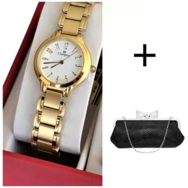 Imagem de Relogio champion feminino pequeno dourado com numeros ch26944g + bolsa
