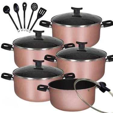 Imagem de Jogo Conjunto Panelas Caçarolas 10 peças Antiaderente Teflon Tampa de Vidro e Utensílios Nylon (Rose)