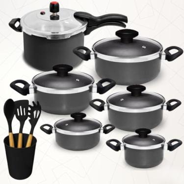 Imagem de Jogo de Panelas 10 Pçs Antiaderente Teflon Panela Pressão Fechamento Externa 4,5 Litros + Utensílios (Cinza)