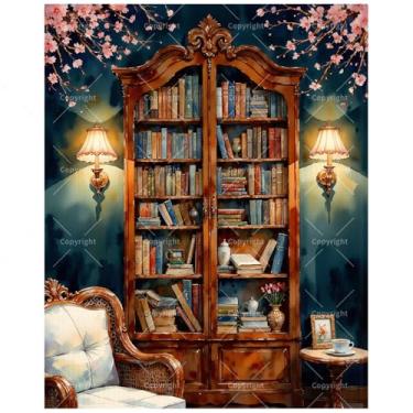 Imagem de Kit clássico de pintura de canto de biblioteca por números para adultos – Estante antiga DIY e pintura de flores de cerejeira em tela 40,6 x 50,8 cm, conjunto de tinta acrílica para iniciantes