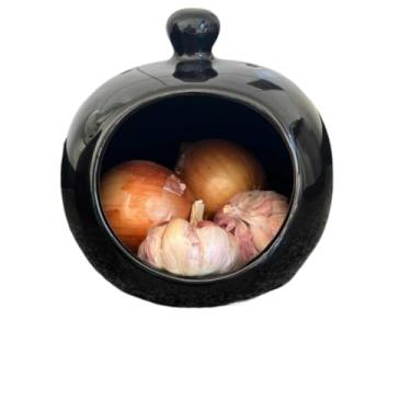 Imagem de Pote Grande para Cozinha - Porta Cebola e Alho de Cerâmica Liso, Ideal para Armazenamento(Preto)