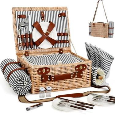 Imagem de Cesta de piquenique com cobertor e bolsa de vinho para 4, conjunto de piquenique de vime com forro isolado, cesto térmico para acampamento, casamento - listras
