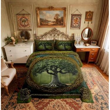 Imagem de Manfei Conjunto de edredom árvore da vida, estilo boêmio, exótico, verde para quarto de crianças e adolescentes, galhos dourados tribais geométricos, conjunto de colcha, 2 peças com 1 fronha, solteiro