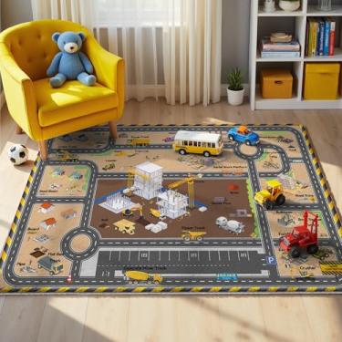 Imagem de Tapete de brinquedo para crianças, tapete educativo antiderrapante de 12,7 x 18 cm com escavadeira, veículos de engenharia e design de estrada, tapete lavável à máquina para sala de jogos, berçário