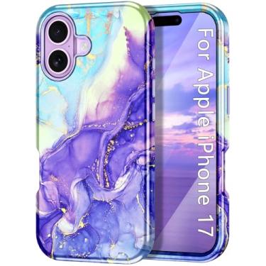 Imagem de Btscase Capa compatível com iPhone 17 de 6,3 polegadas 2025, padrão de mármore, 3 em 1, resistente, à prova de choque, PC rígido robusto + silicone macio, capas de telefone femininas e meninas