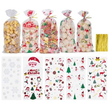 Imagem de Aubeco 120 unidades de sacos de guloseimas de Natal, 27 x 12 cm sacos de celofane transparente com laços dourados torcidos para festas, lanches, embalagem de biscoitos (alce, árvore de Natal)