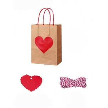 Imagem de 9 sacos de presente de papel Kraft com alças (3 sacos + 3 corações vermelhos + 3 cordas) sacolas artesanais adequadas para casamentos, Dia das Mães, Ação de Graças, aniversários e aniversários