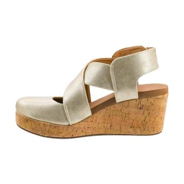 Imagem de Corkys Footwear Cunha fechada – um salto elegante de 6 cm com plataforma de 2,5 cm, bico fechado, alça cruzada, fecho de tira no tornozelo e palmilhas de EVA, Dourado metálico, 41